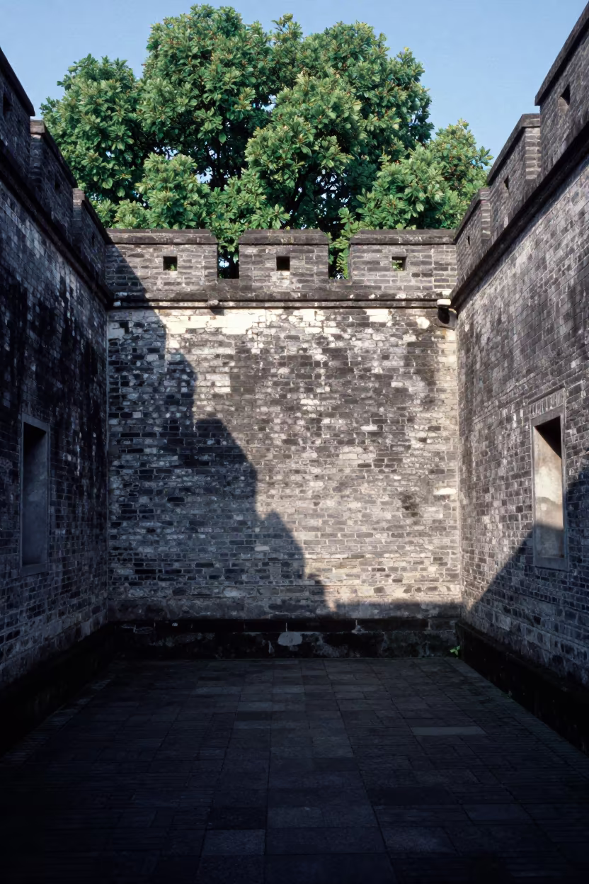 Wenzhou Fortress Courtyard Before Sunrise in outside a wind-scoured fortress wall in Wenzhou