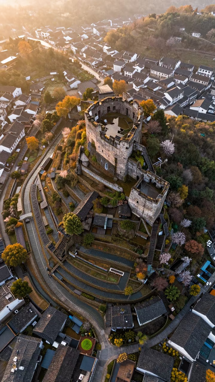 Wenzhou Hill Town Ruined Citadel Aerial View in high above irrigation geometry near Wenzhou