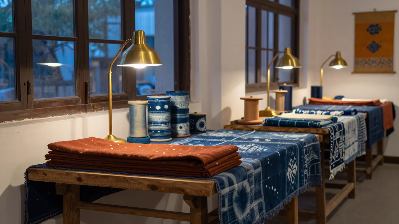 Wenzhou Textile Booth Twilight Window Light in on a textile-covered table in Wenzhou