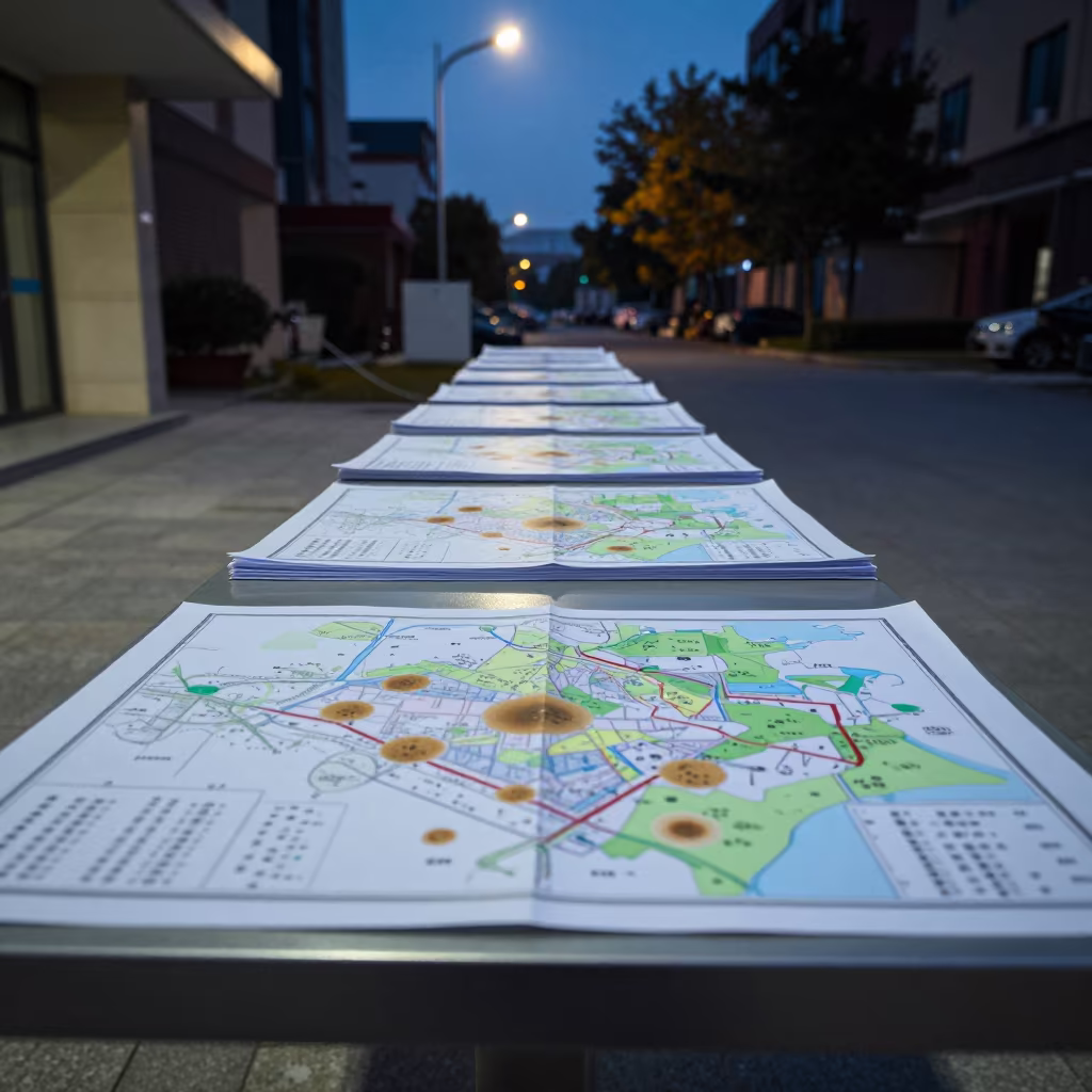 Wenzhou Town Hall Zoning Maps Under Street Lamp in in a community center hall in Wenzhou