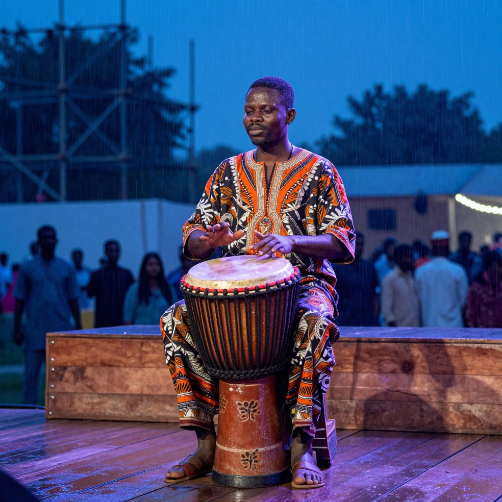 West African Djembe Drummer on Lahore Festival Stage in on a festival main stage in Lahore