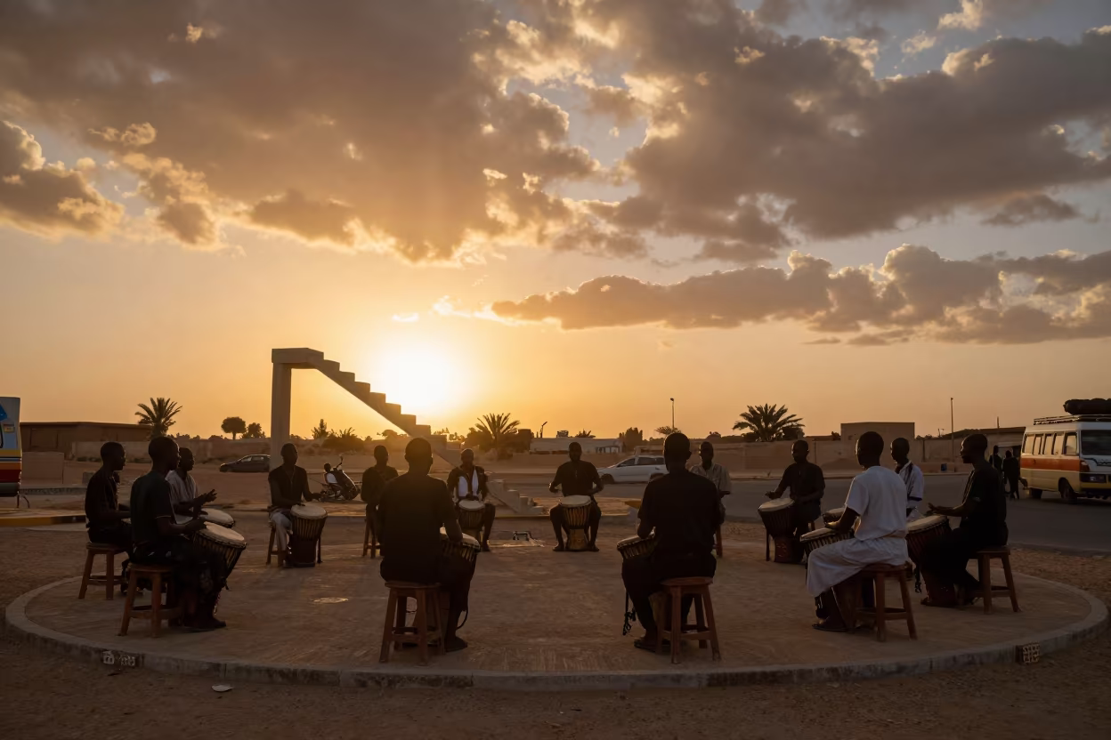 West African Drumming Staircase Sunset in at a street corner busking spot in Faiyum