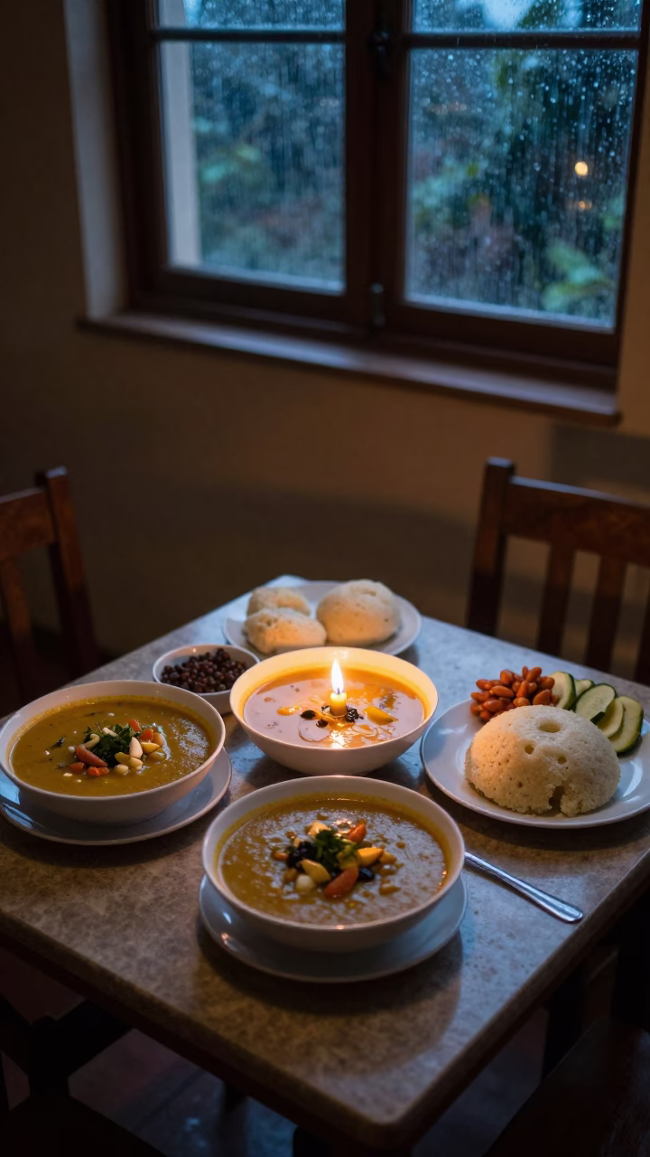 West African Groundnut Soup and Fufu in Addis Ababa in on a small dining table by a window in Entoto, Addis Ababa