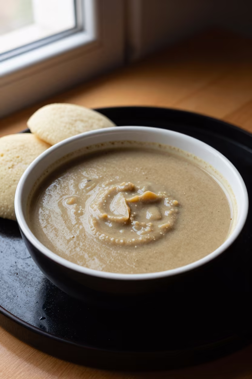 West African Groundnut Soup and Fufu in Seville in on a lacquered tray in Seville