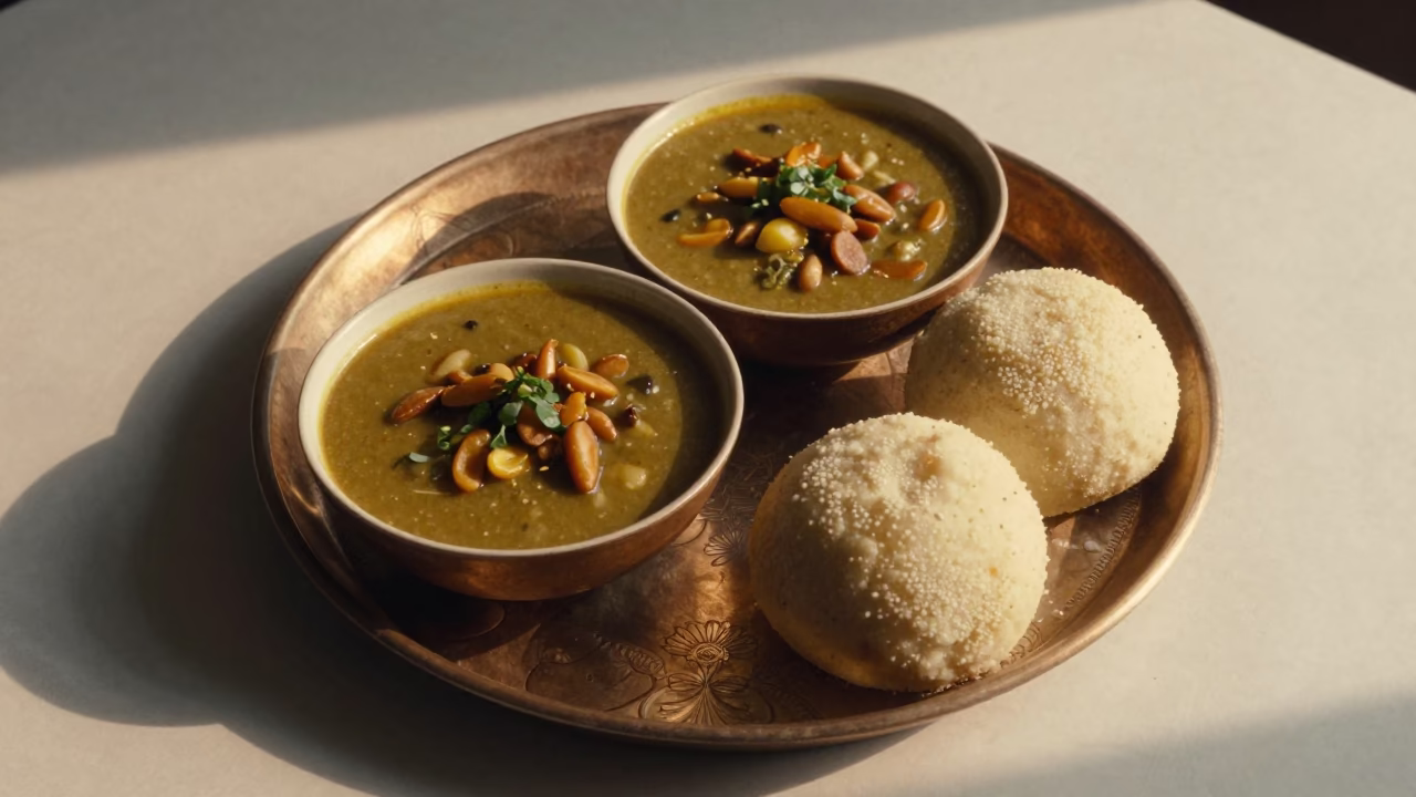 West African Groundnut Soup and Fufu on Tray in on a lacquered tray in Moradabad