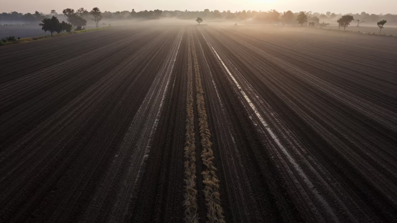 West Bengal Field Furrows at Dawn Fog in across a harvested grain field in West Bengal