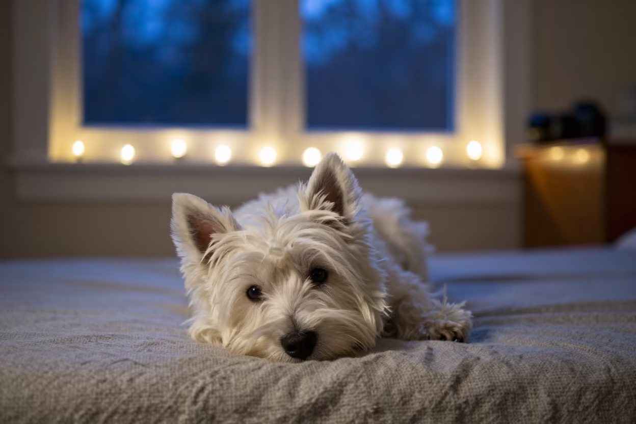 West Highland Terrier Resting Near Window in on a bedspread near a bright window with calm indoor light near Zona Sur, La Paz
