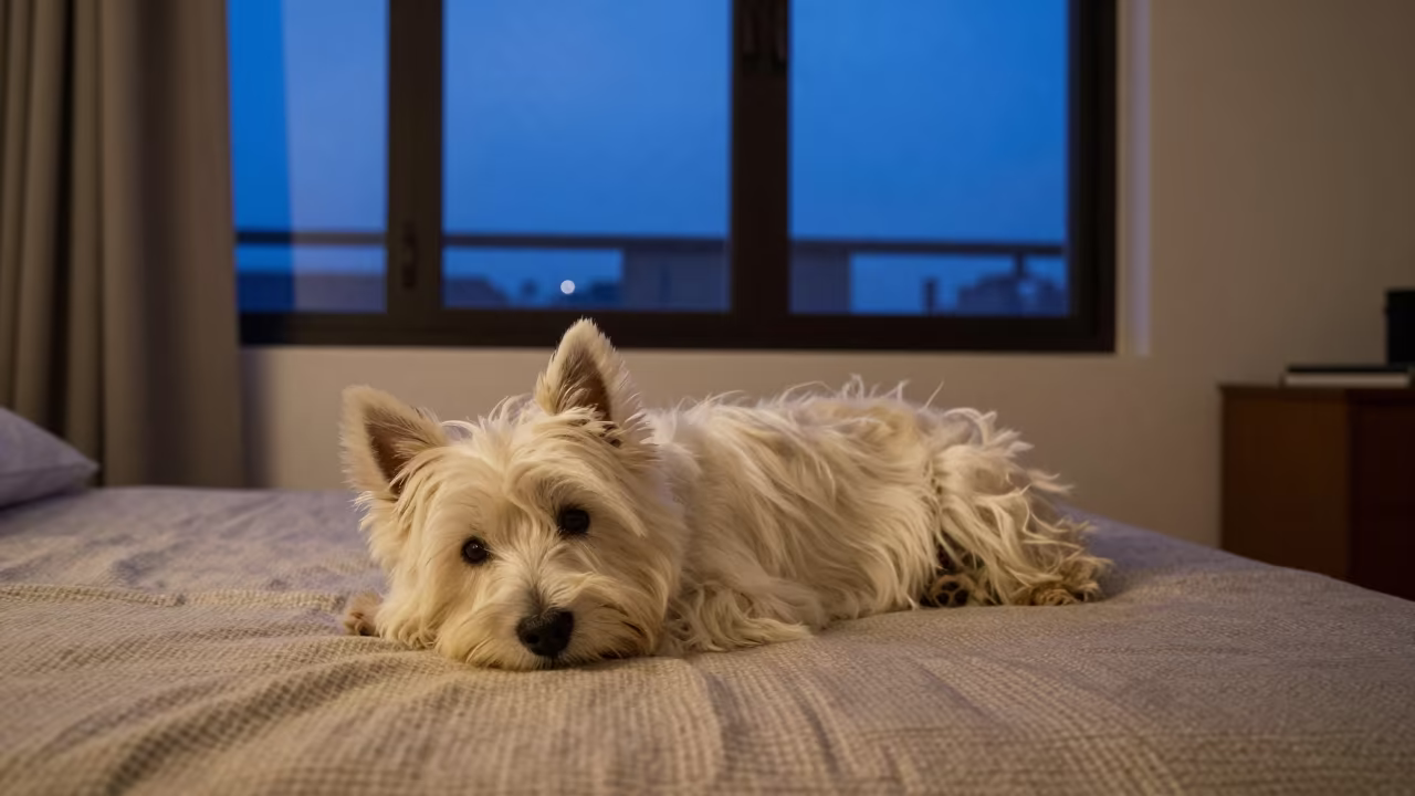 West Highland White Terrier at Indigo Twilight in on a bedspread near a bright window with calm indoor light in Buenos Aires