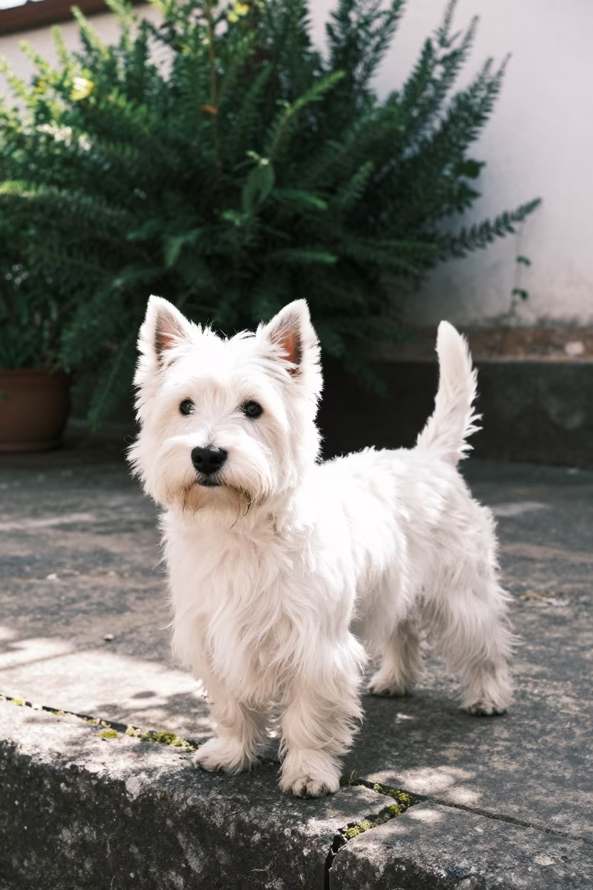 West Highland White Terrier in Medellin Garden in near a garden edge with soft morning light and an uncluttered background in El Poblado, Medellin
