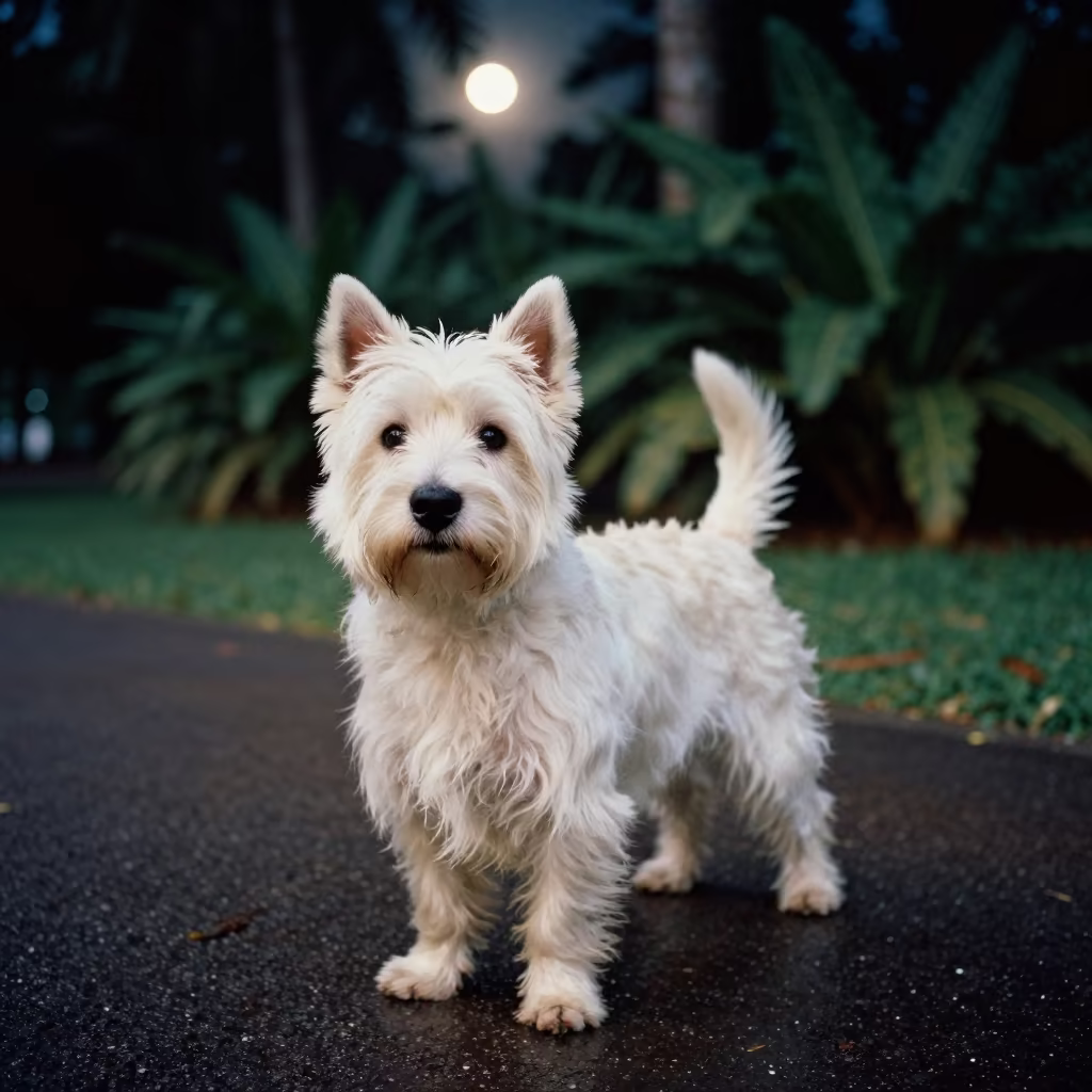 West Highland White Terrier in Midnight Park Shade in along a quiet park path with soft open shade and a clean background in Bukit Bintang, Kuala Lumpur