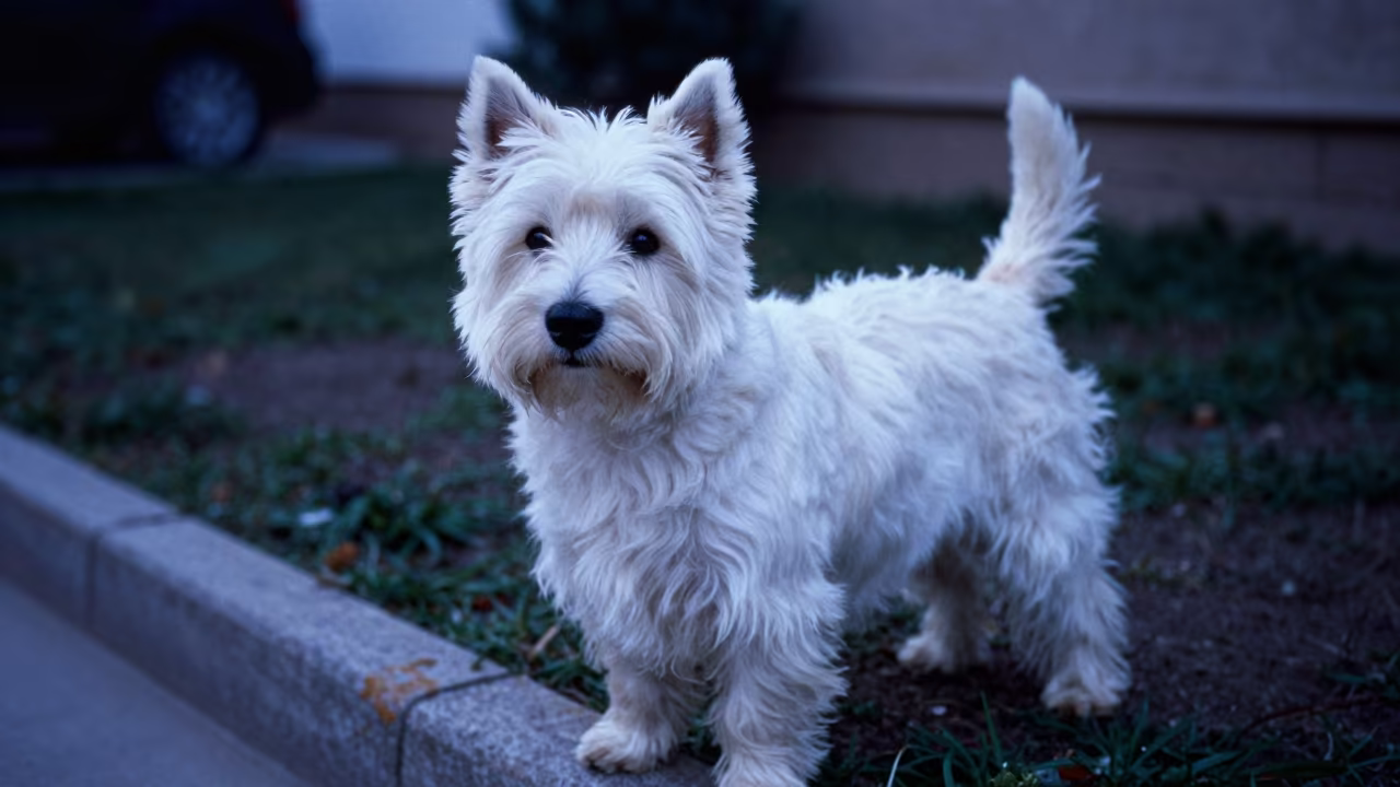 West Highland White Terrier in Najaf Garden Twilight in near a garden edge with soft morning light and an uncluttered background in Najaf