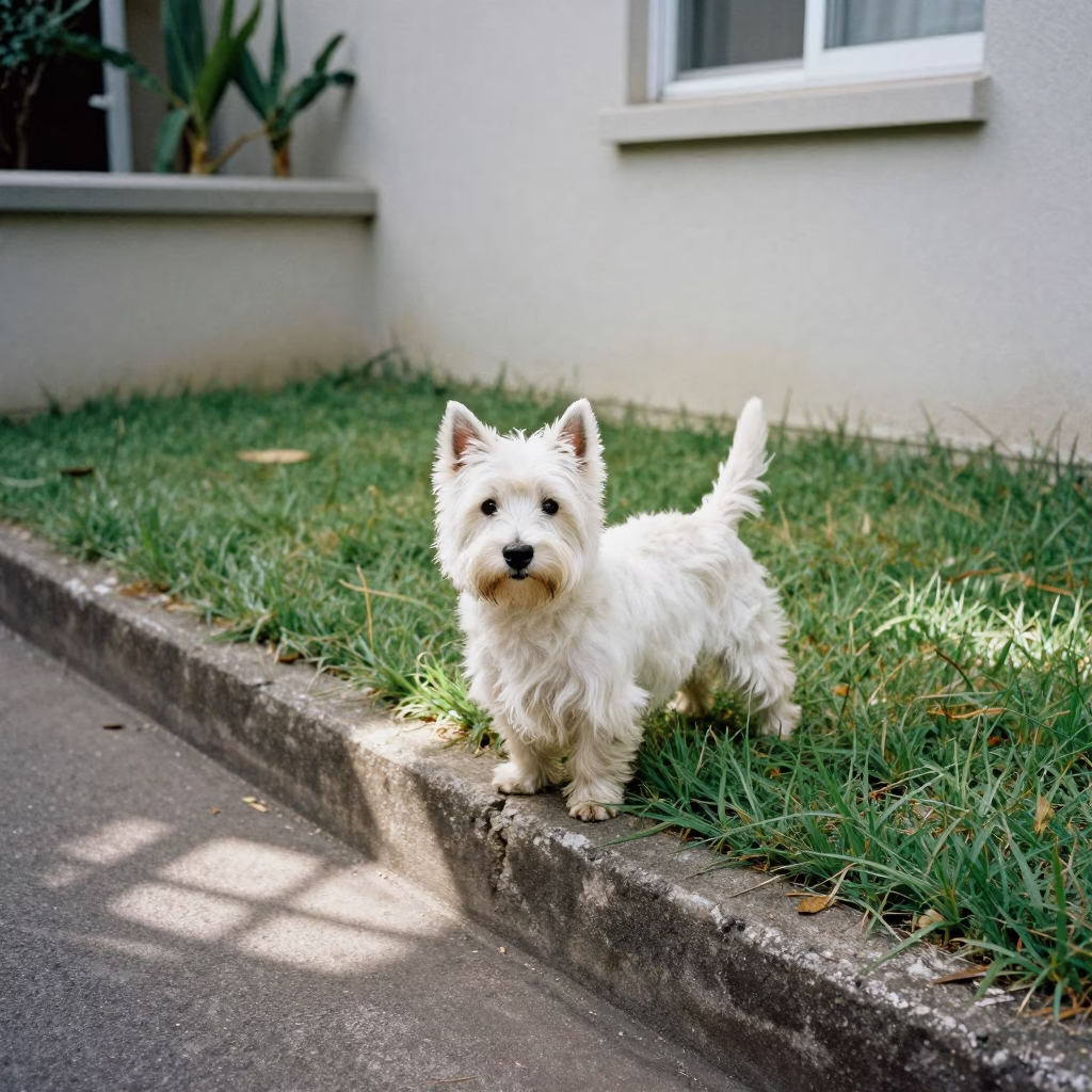West Highland White Terrier in Portmore Yard in in a small yard with clipped grass, calm light, and the animal centered in frame in Portmore