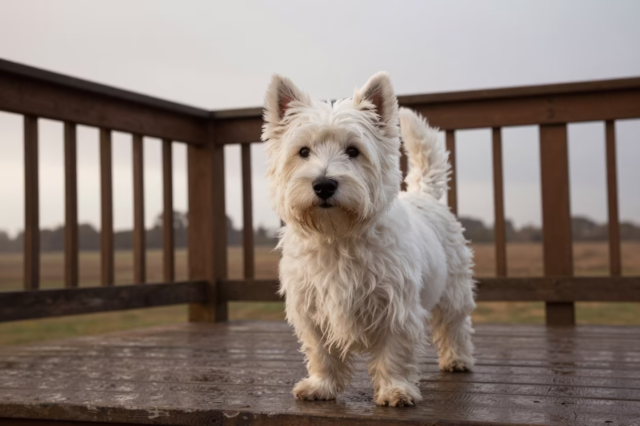West Highland White Terrier on Maradi Porch in on a shaded front porch with boards, railings, and eye-level framing near Maradi