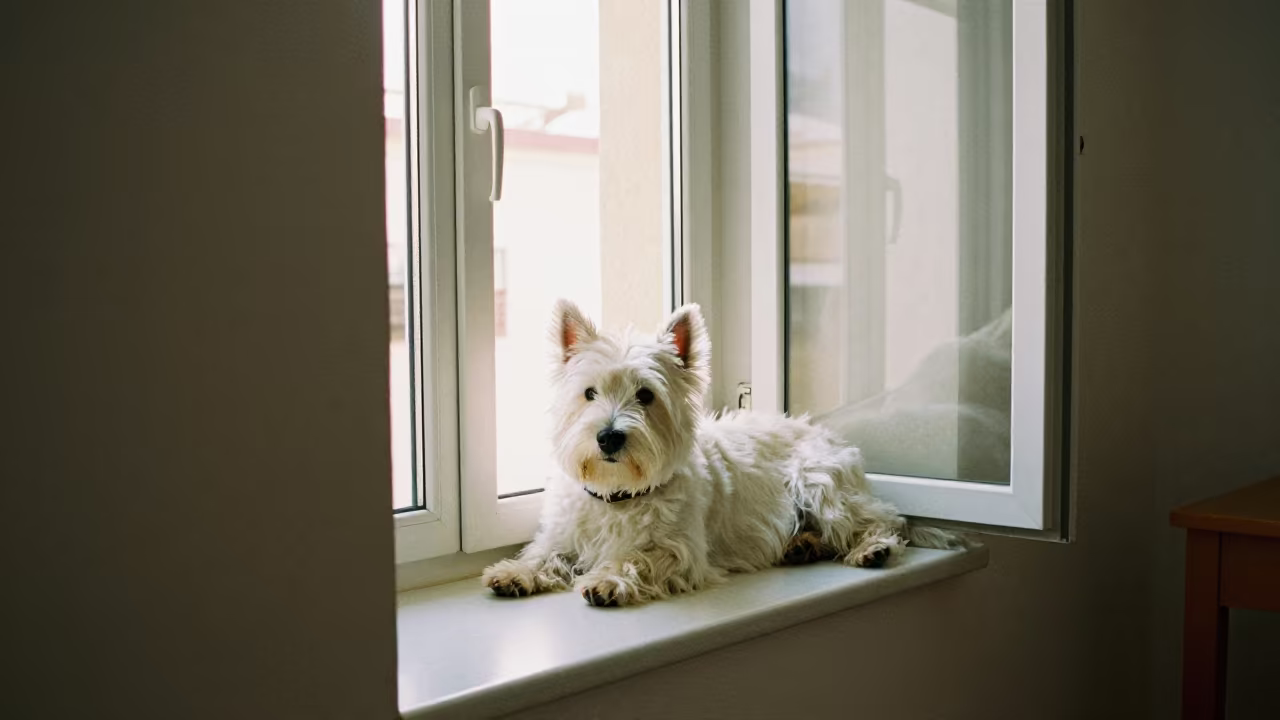 West Highland White Terrier on Window Seat in on a window seat in a quiet apartment with soft side light in Cordoba