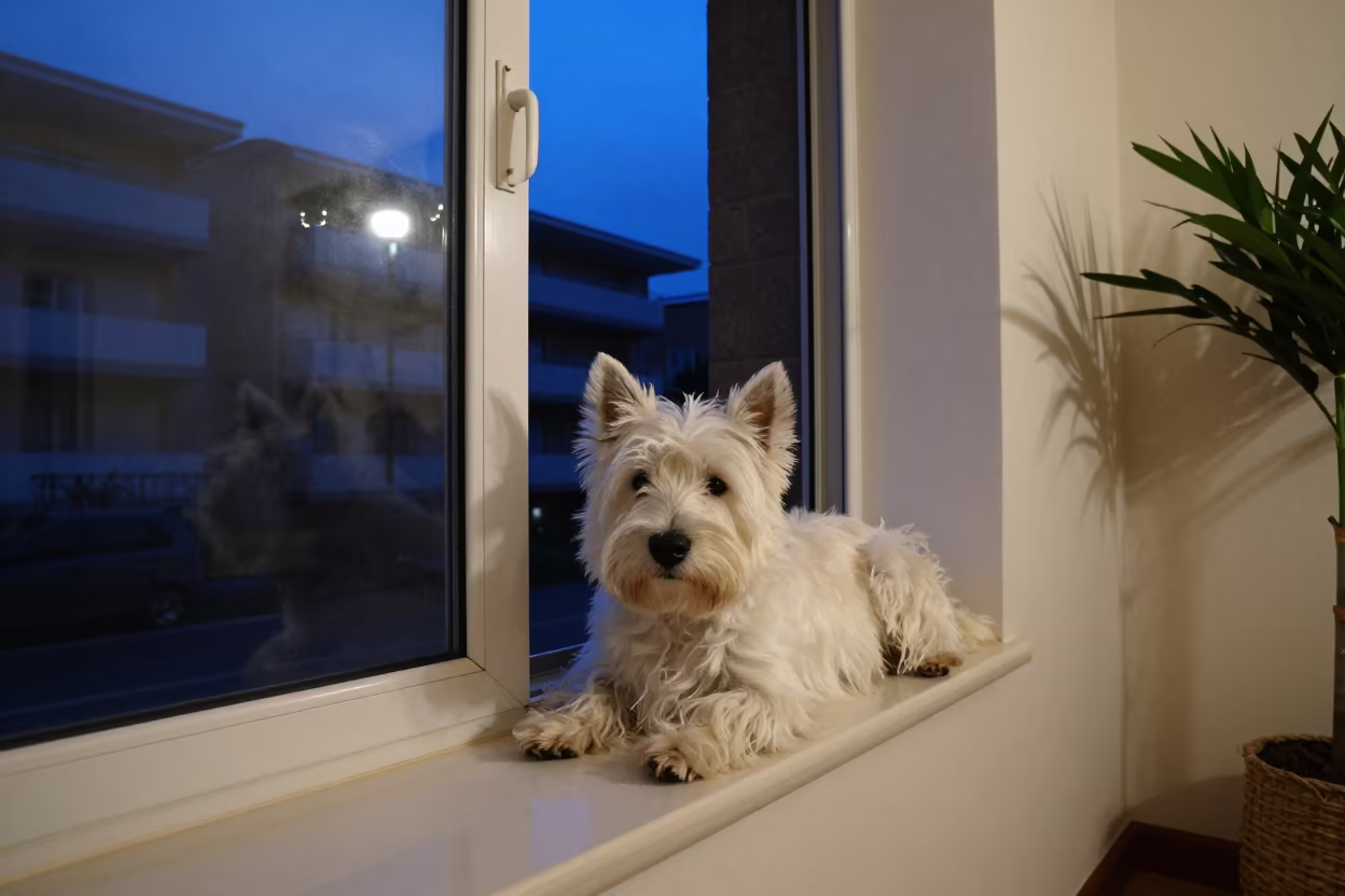 West Highland White Terrier on Yaounde Window Seat in on a window seat in a quiet apartment with soft side light in Yaounde