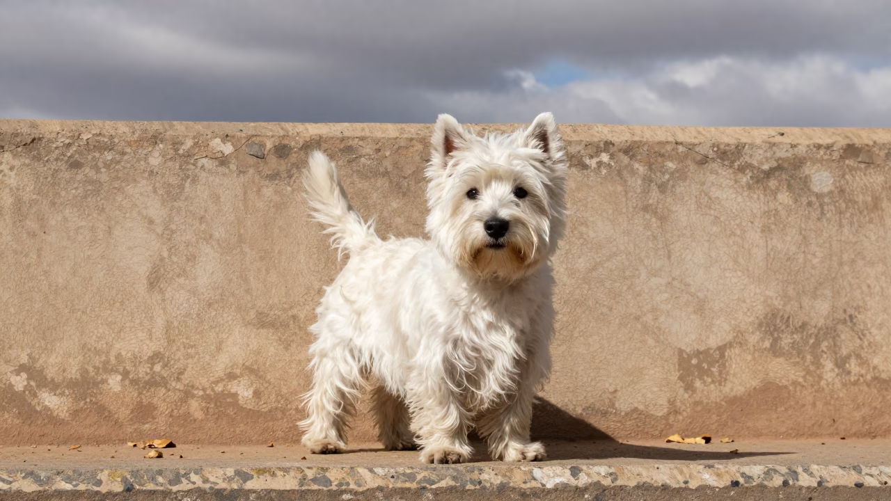 West Highland White Terrier Portrait Beside Courtyard Wall in beside a plain courtyard wall in clear daylight with the animal at eye level in Windhoek