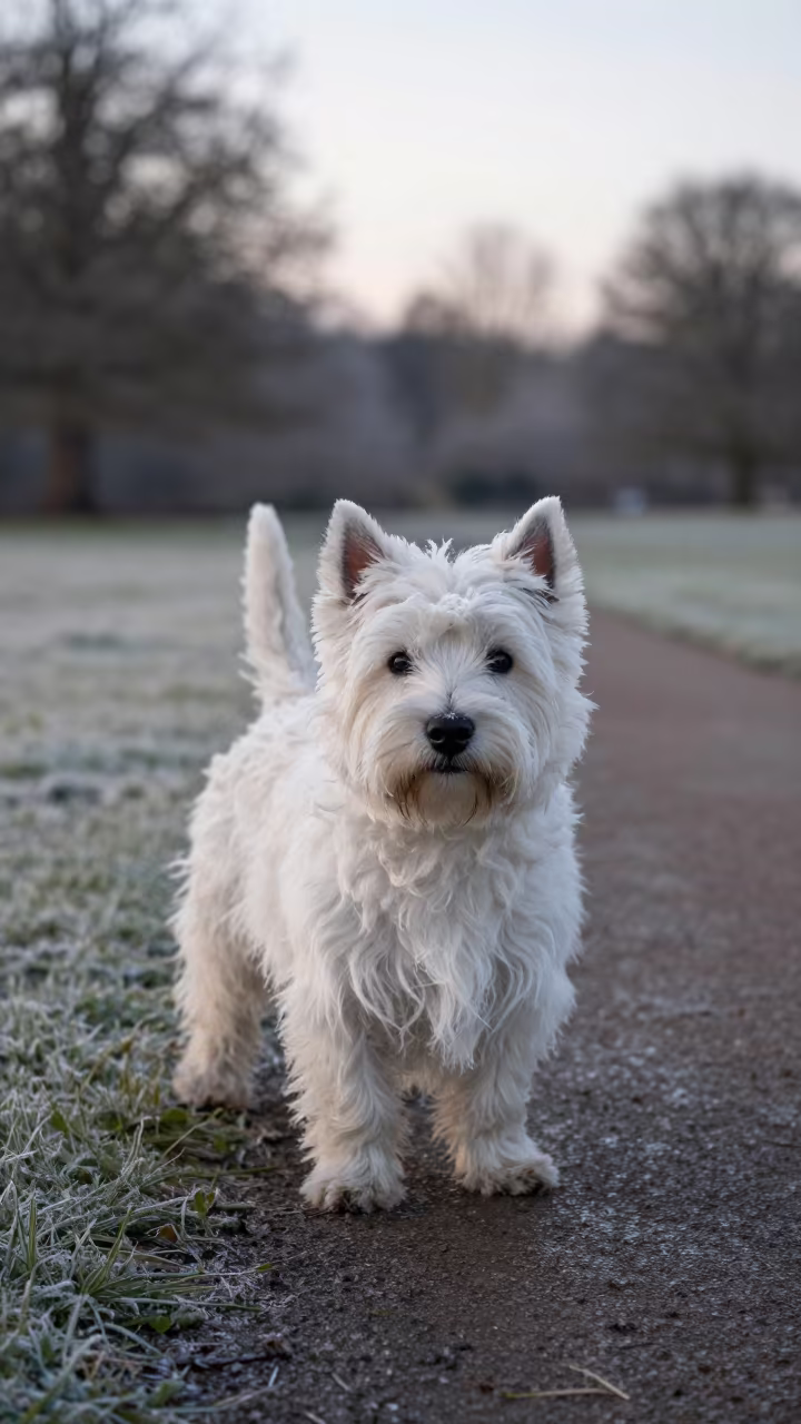 West Highland White Terrier Portrait Dawn Richmond in along a quiet park path with soft open shade and a clean background in Richmond