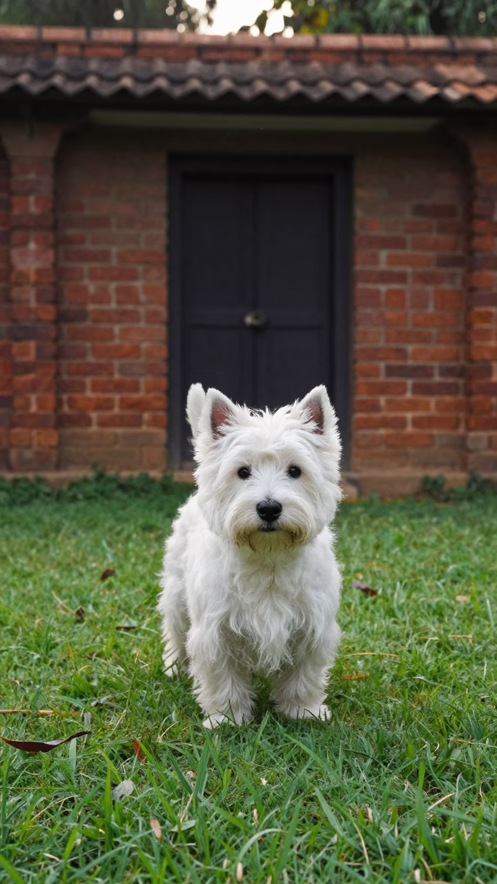 West Highland White Terrier Portrait in Madurai Yard in in a small yard with clipped grass, calm light, and the animal centered in frame in Madurai