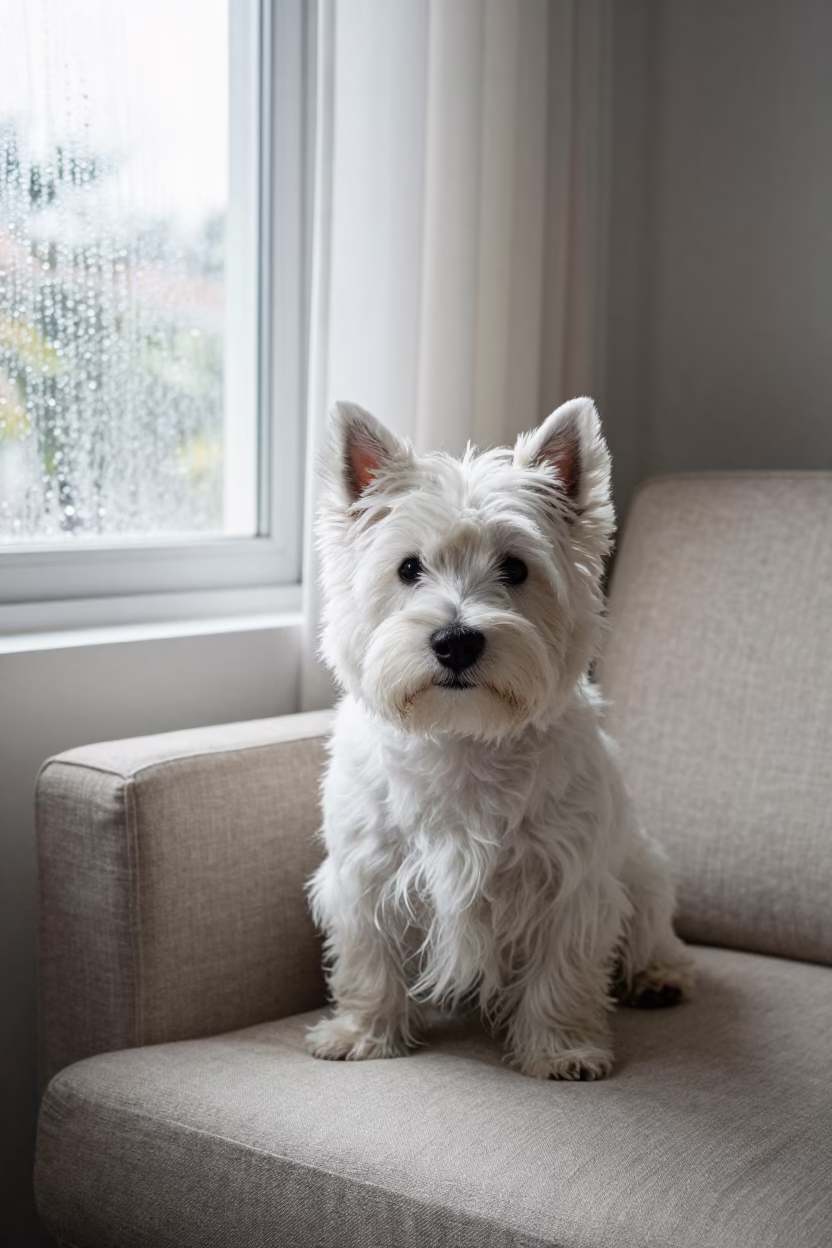 West Highland White Terrier Portrait on Sofa in on a sofa near a curtained window with calm indoor light in Bangalore