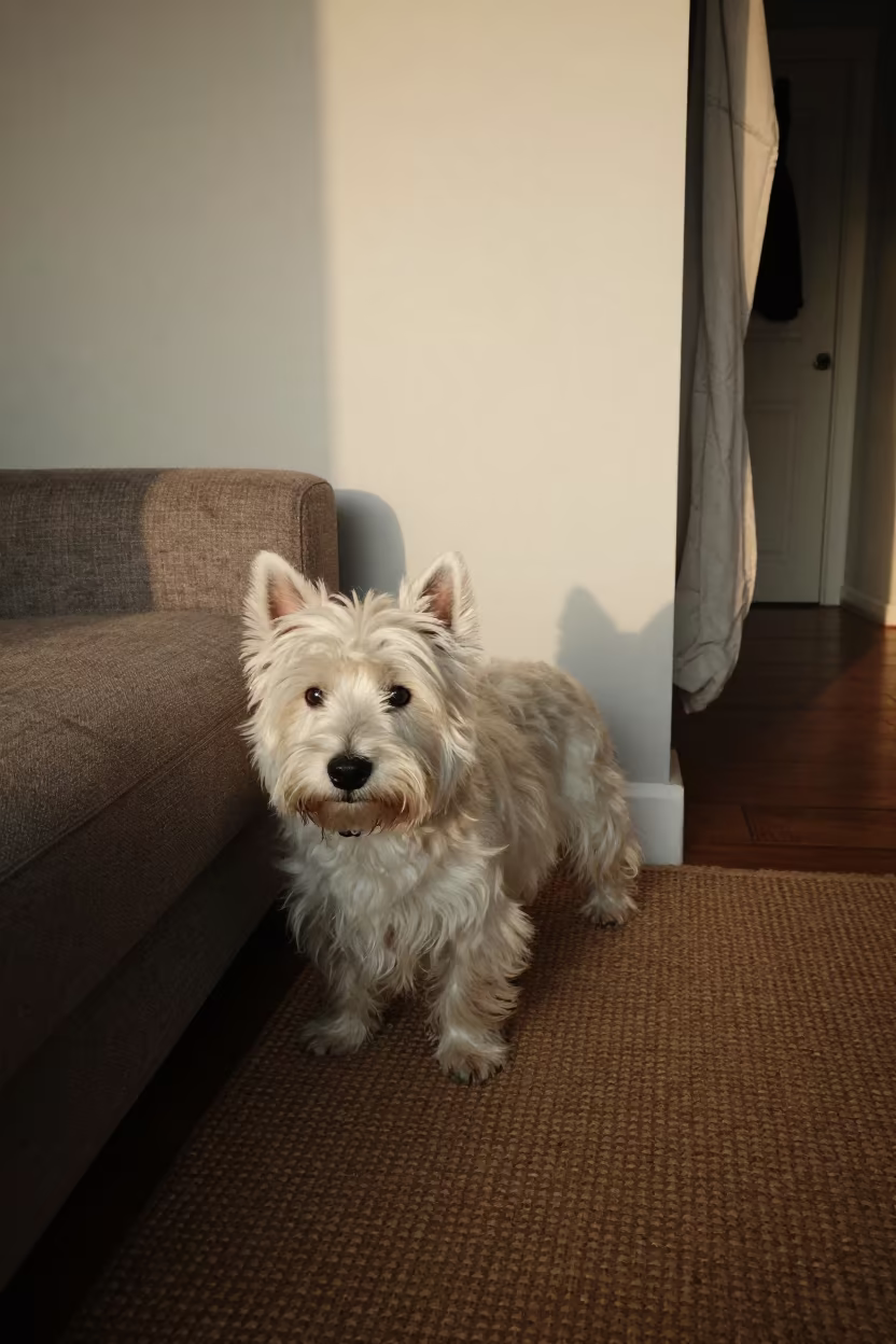 West Highland White Terrier Resting on Rug in on a woven rug beside a low couch and an uncluttered wall near Gwangju