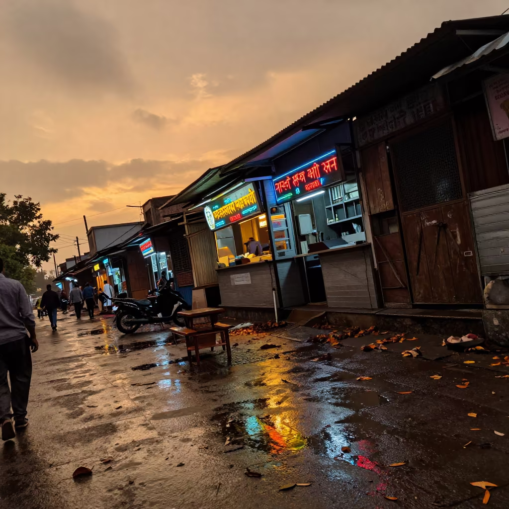 Wet Alley Neon Amber Golden Hour Vehari in by a rain-darkened kiosk in Vehari
