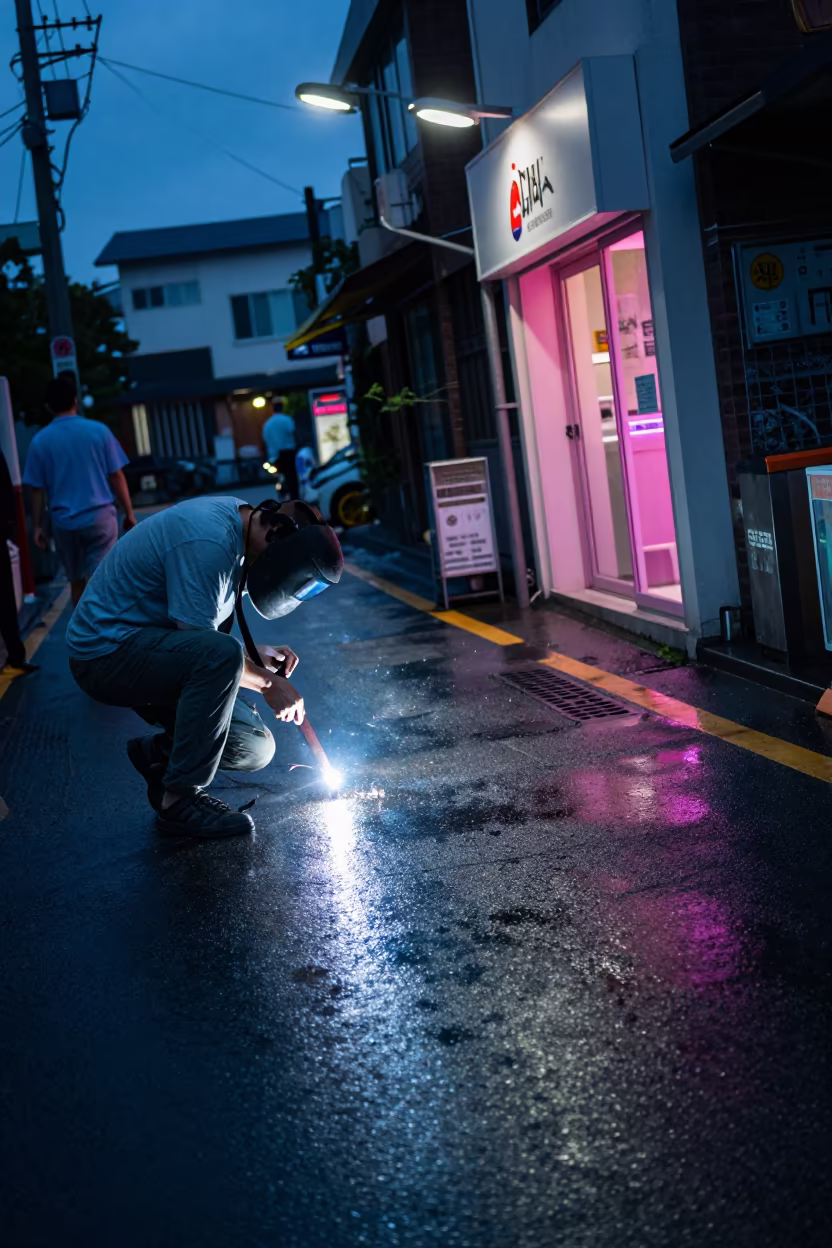 Wet Alley Pavement Reflecting Blue Welder Flash in beneath a flickering underpass light in Jeju