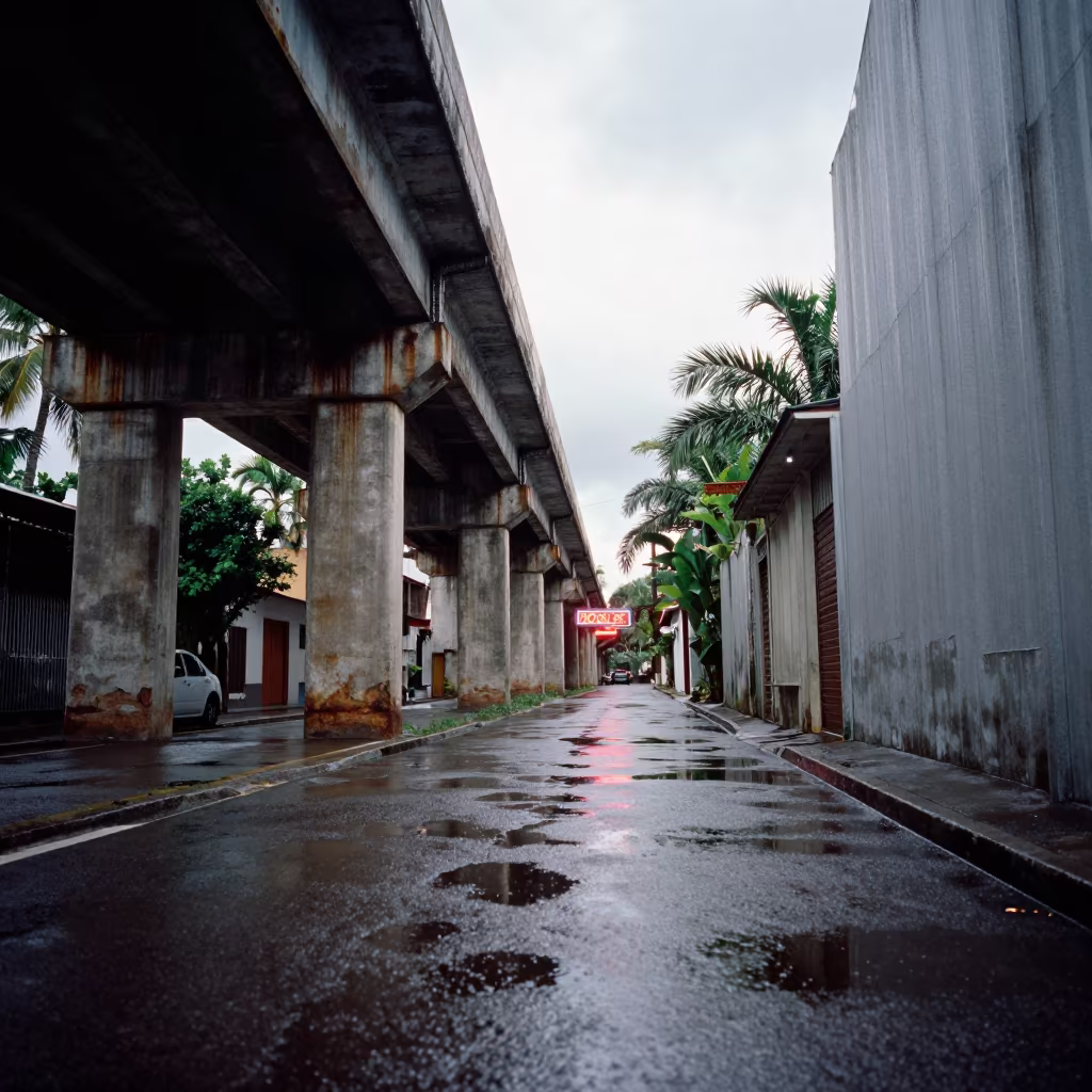 Wet Alley Pavement Reflects Neon Under Train Tracks in under an elevated train line in Ponce
