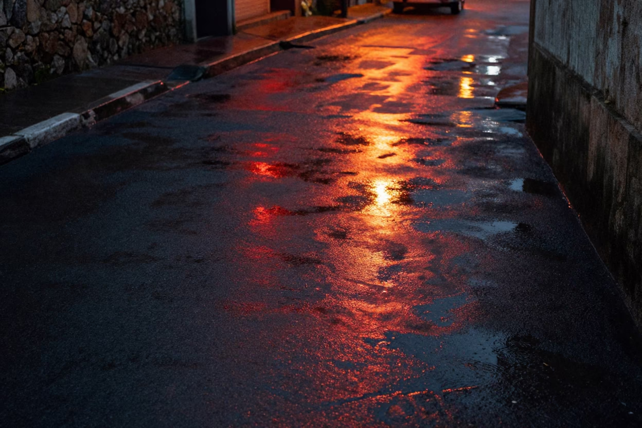 Wet Asphalt Tail Light Reflections Sunset Recife in inside a skylit passageway near Recife