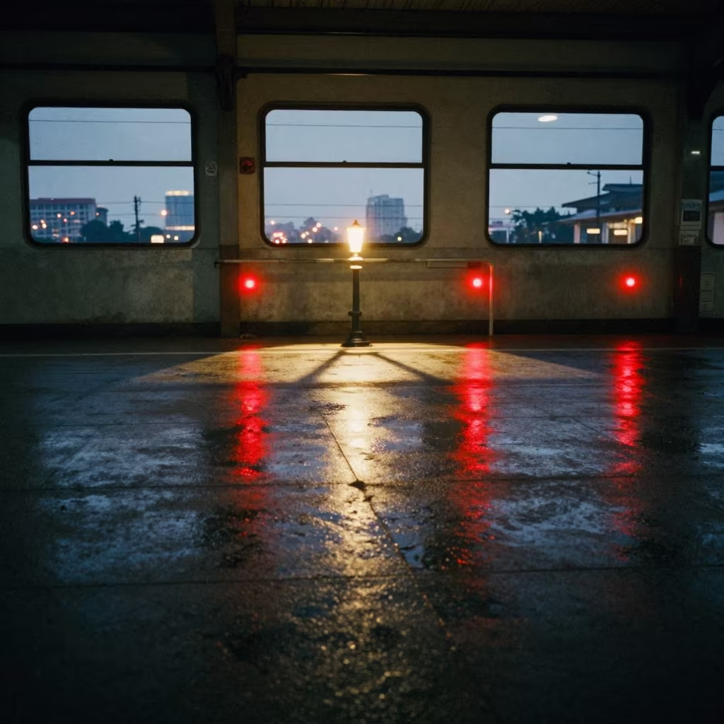 Wet Asphalt and Tail Light Reflections Terminal in inside a restored train terminal in Makassar