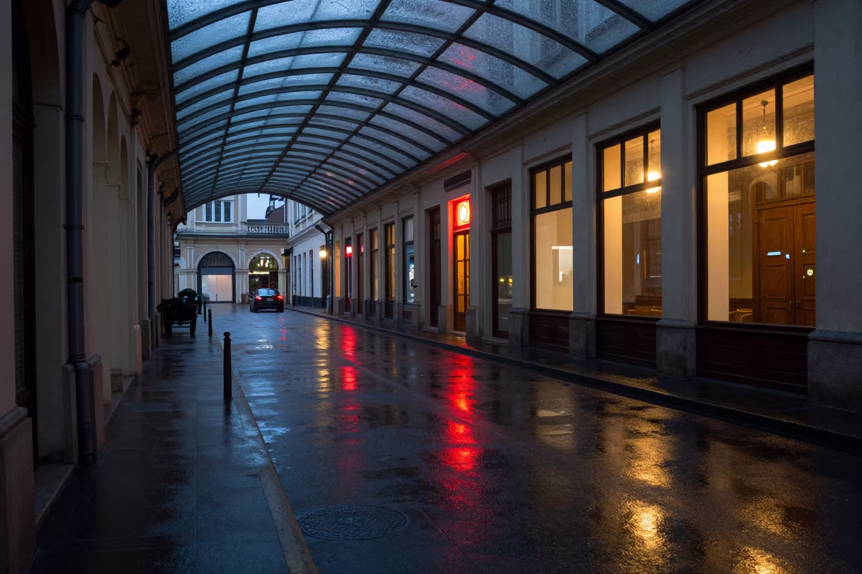 Wet Asphalt Tail Lights Glass Arcade George Town in inside a glass-roofed arcade in George Town