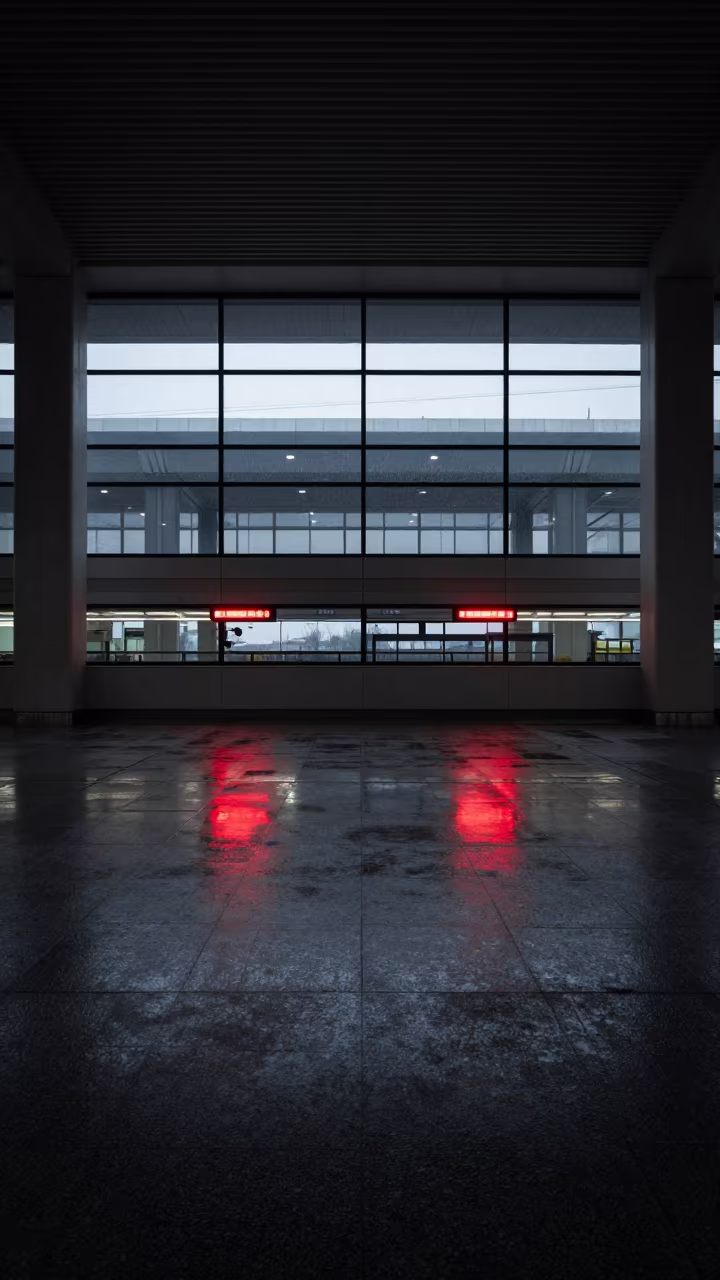 Wet Asphalt Tail Lights Nanjing Terminal in inside a restored train terminal in Nanjing