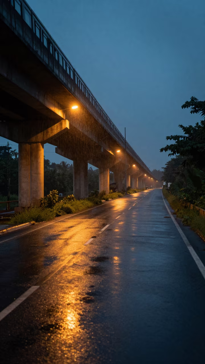 Wet Asphalt Weeds Under Train Line Pointe-Noire in under an elevated train line in Pointe-Noire