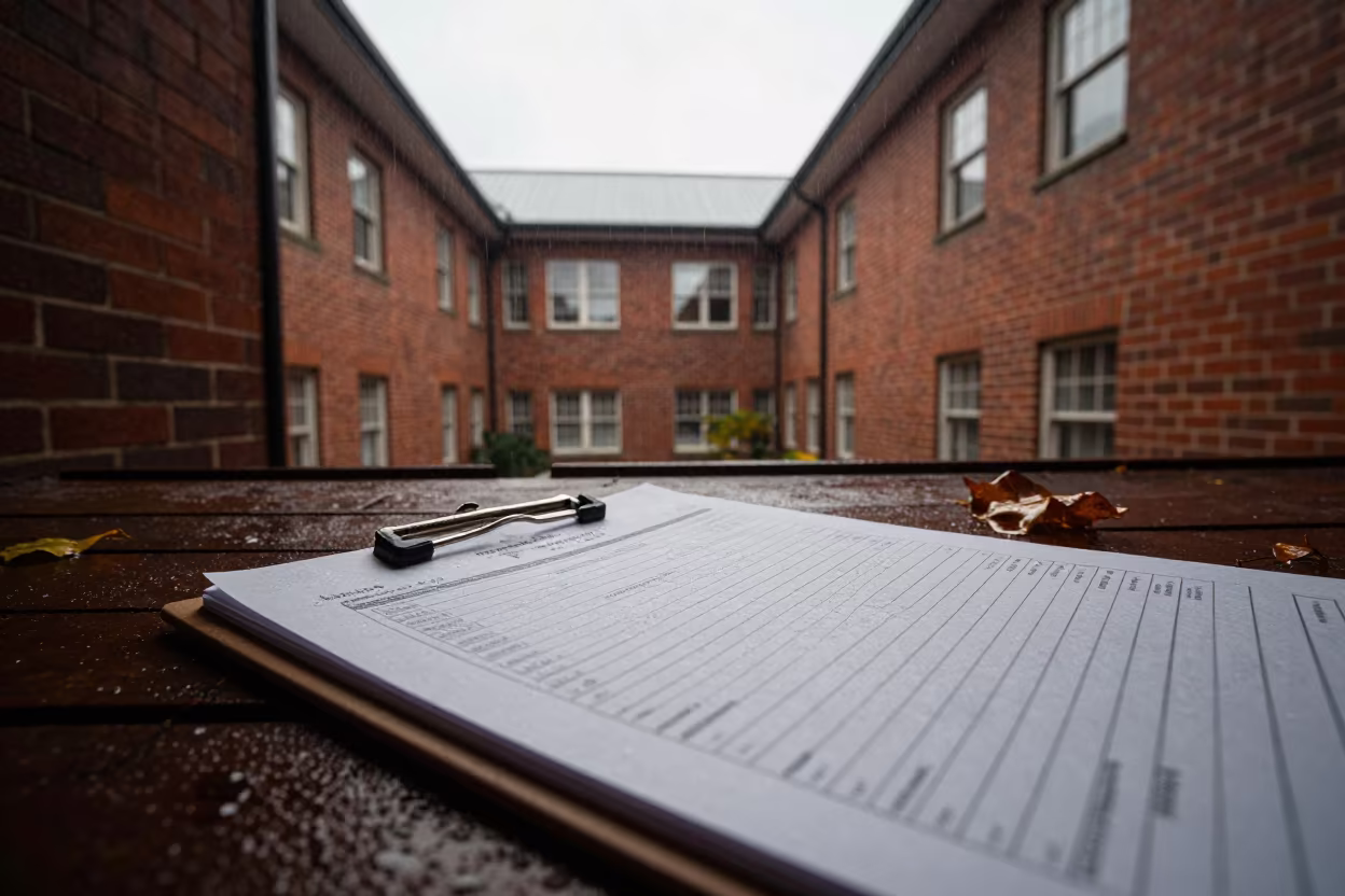 Wet Attendance Sheet on Clipboard in Late Autumn in outside a brick lecture building near La Banda, Santiago del Estero