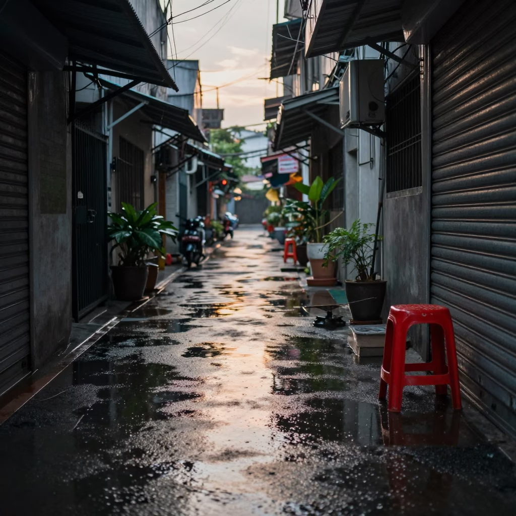 Wet Bangkok Alleyway Morning Light Reflections on Paved Ground in in Bangkok, Thailand