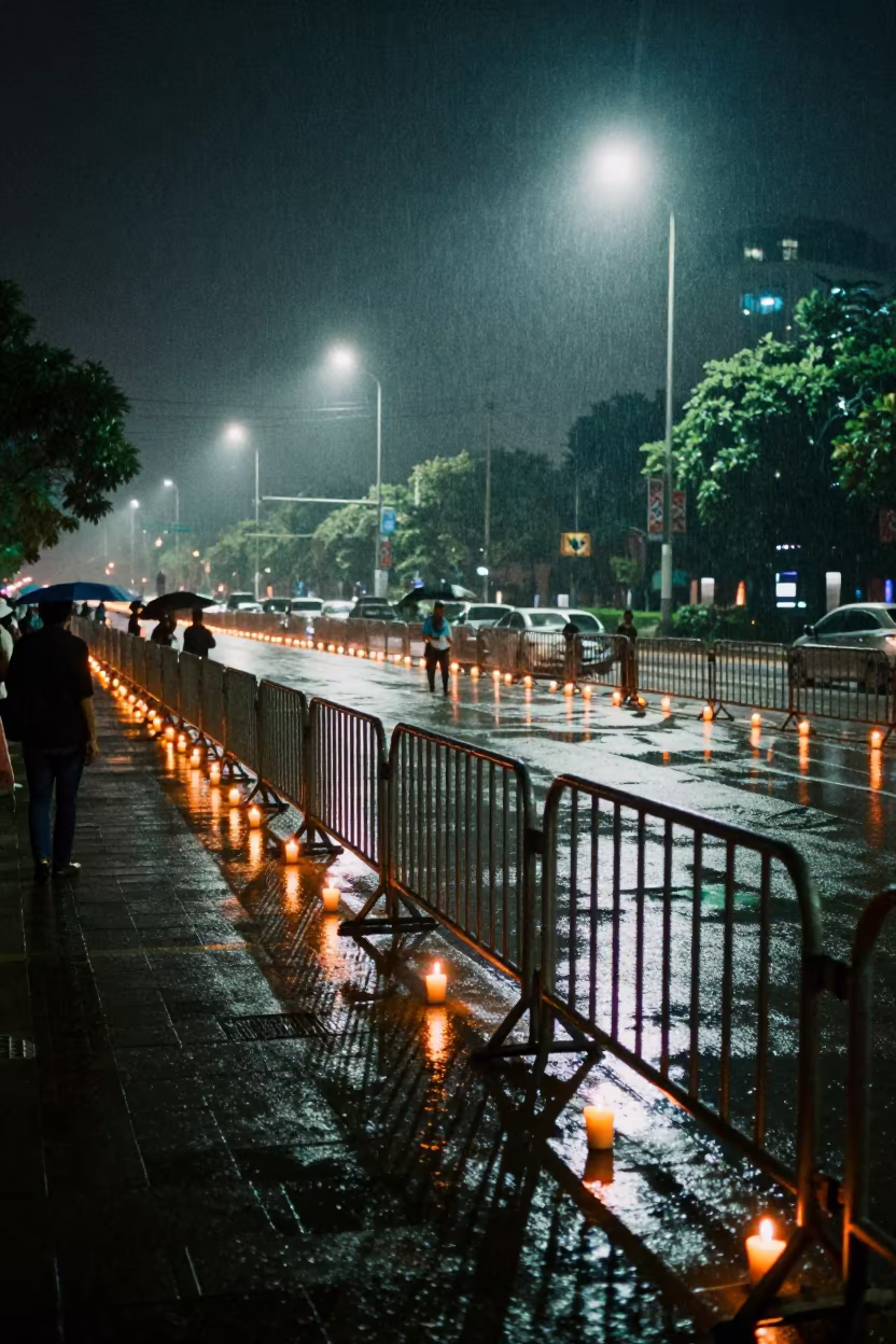 Wet barricade line under Yangon floodlights in beneath government building floodlights in Yangon