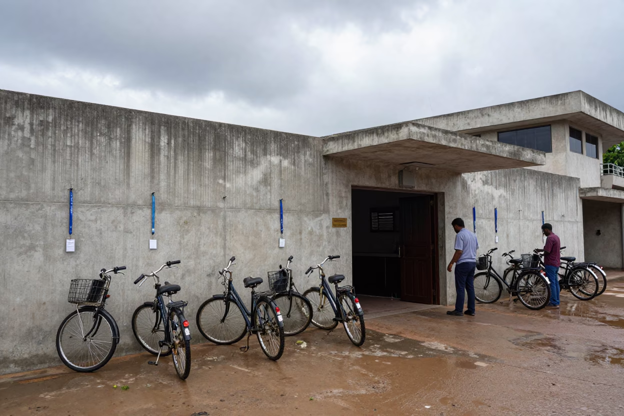 Wet Bicycles and Lanyards at Maradi City Hall Entrance in in a community center hall in Maradi