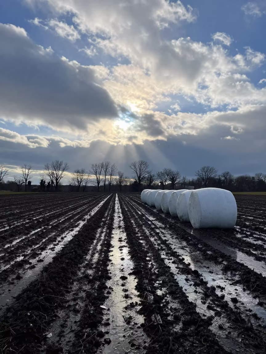 Wet Black Plowed Field Under Break in Clouds in beside stacked hay bales in Connecticut