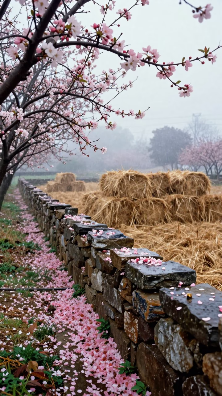 Wet Blossom Petals on Stone Wall Zhejiang Dawn in beside stacked hay bales in Zhejiang