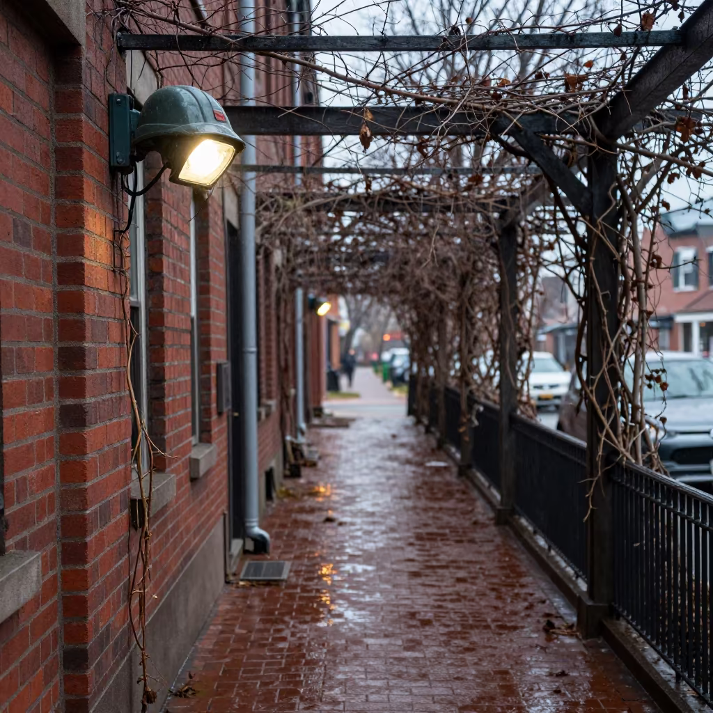 Wet Brick Glow in Germantown Ruin Corridor in along a vine-choked corridor near Germantown, Philadelphia