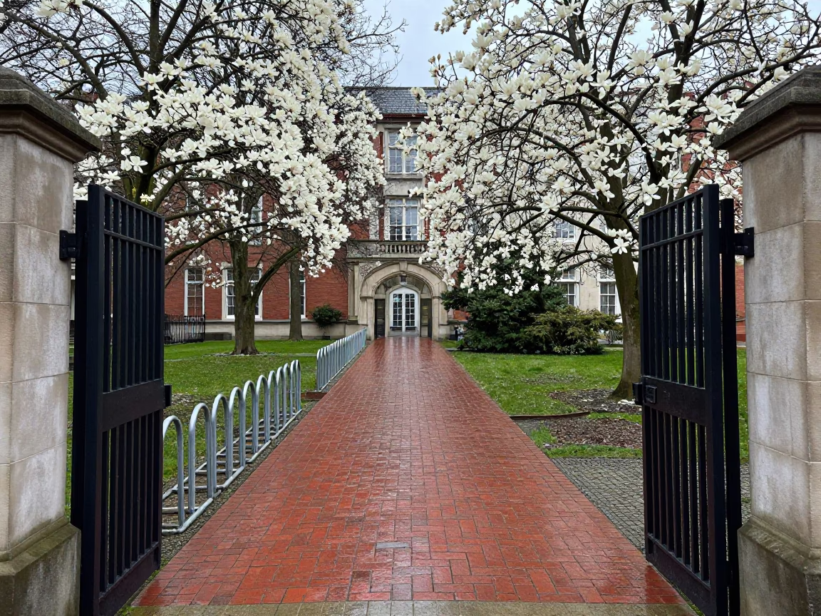 Wet Brick Paths and Spring Magnolias at Gate in beside campus bike racks at dawn near Katsina