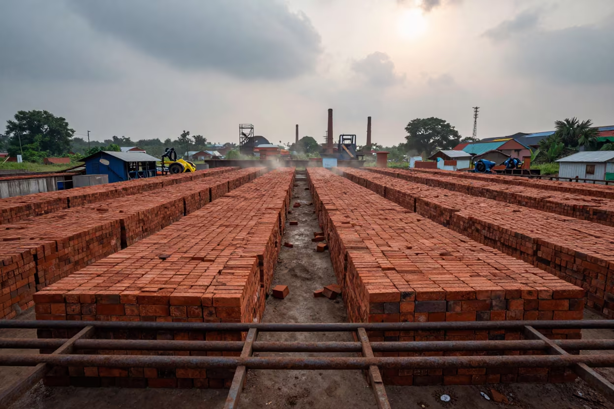 Wet Brick Rows Under Monsoon Sky Kolkata in on a scaffold platform near Esplanade, Kolkata