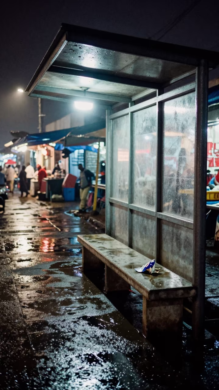 Wet Bus Stop Along Luanda Market Street at Night in along a market-lined side street in Luanda