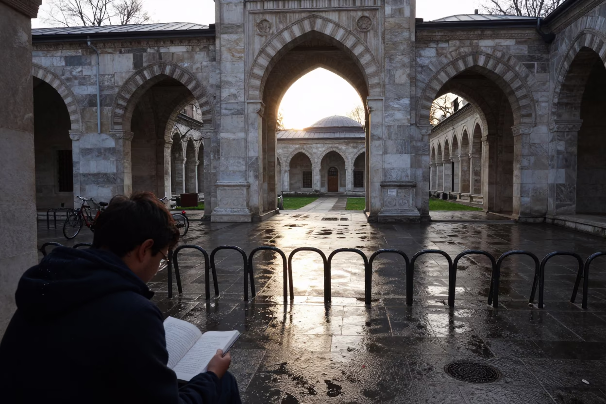 Wet Campus Bicycle Rack Under Nizip University Archway in beneath a university cloister in Nizip