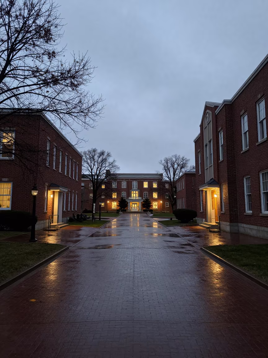 Wet Campus Quad Before Dawn in Thunder Bay in outside a brick lecture building in Thunder Bay
