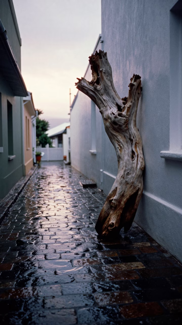 Wet Cape Town Alleyway First Light After Rain with Driftwood in in Cape Town, South Africa