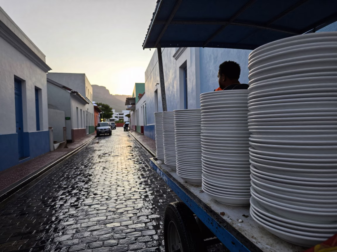 Wet Cape Town Street First Light After Rain with Blue White Plates in in Cape Town, South Africa