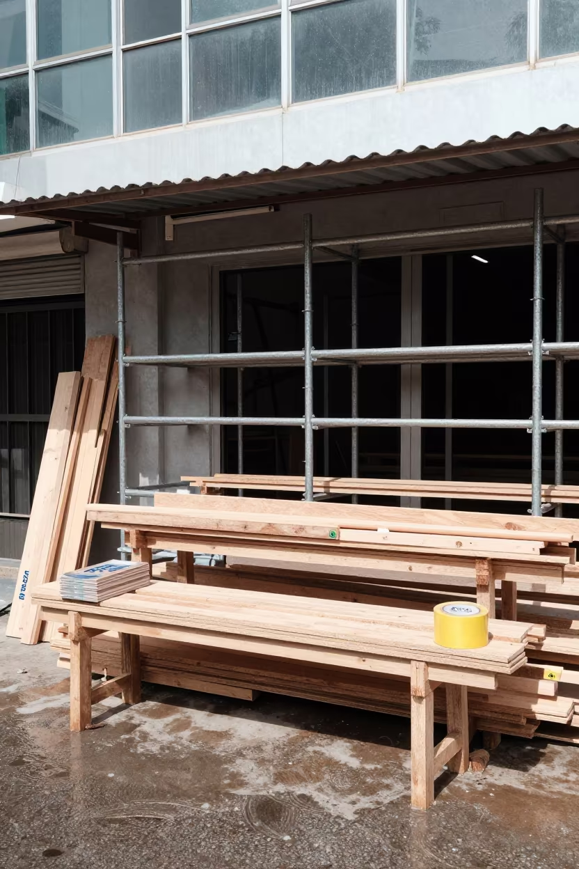 Wet Carpentry Bench Labeled Bundles Da Nang in along a scaffolded facade near Da Nang