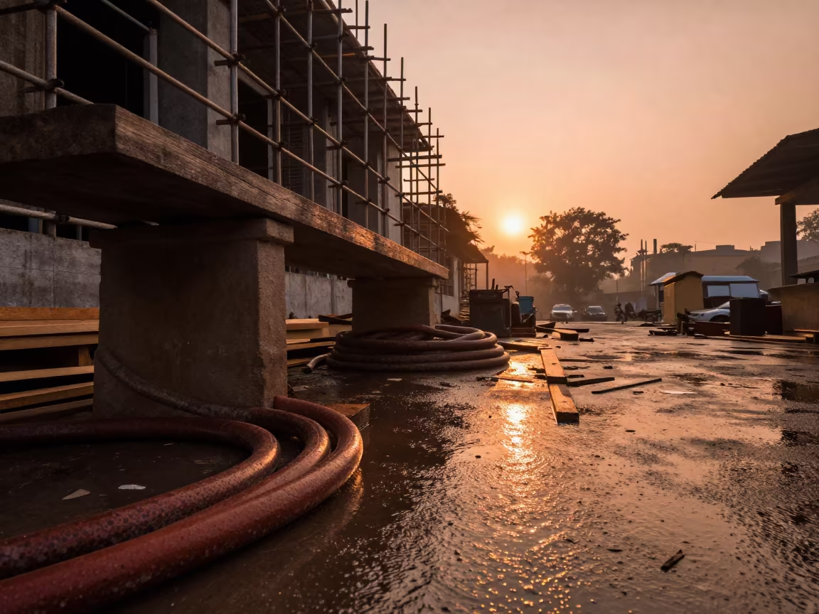 Wet Carpentry Bench at Sunset in Andhra Pradesh in along a scaffolded facade in Andhra Pradesh