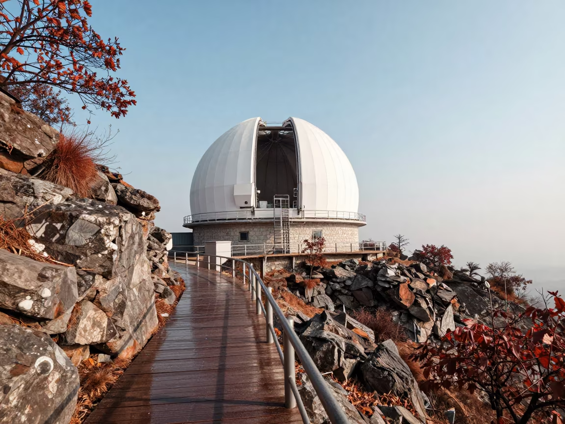 Wet Catwalk Beside Shuttered Telescope Dome in along a rocky geology outcrop in Ghaziabad