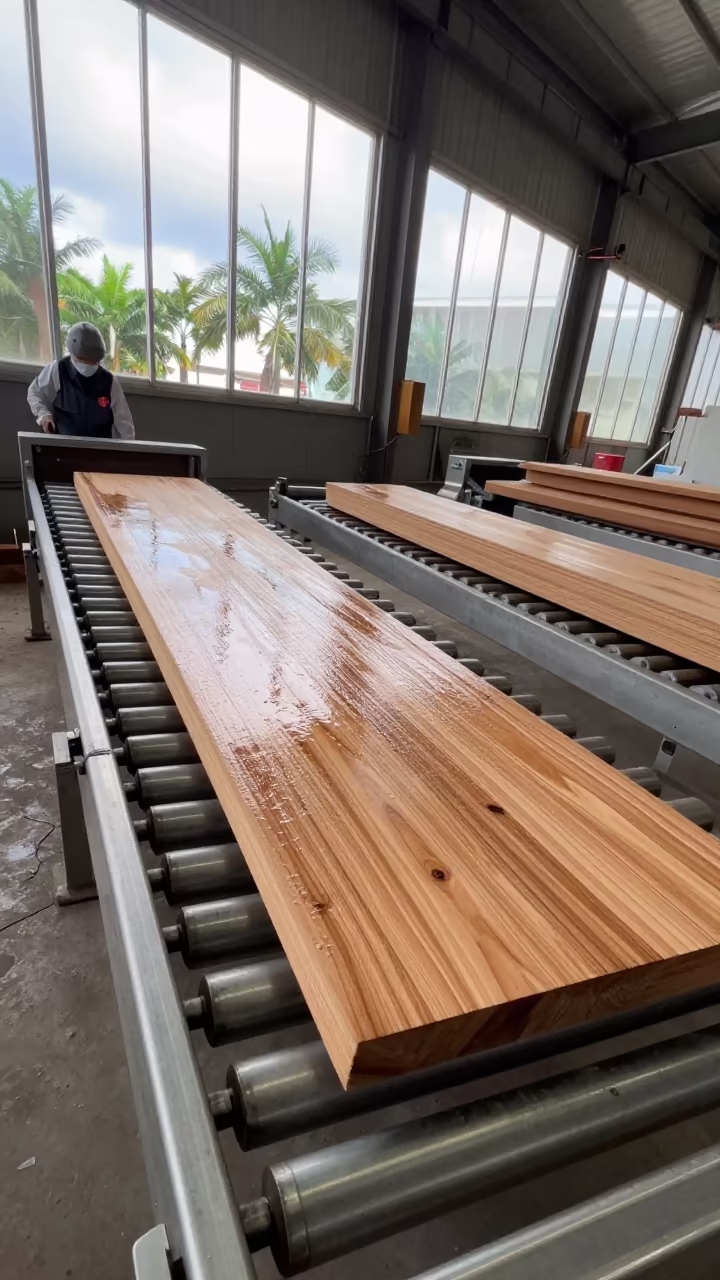 Wet Cedar Boards on Conveyor in Taoyuan Mill in inside a packing hall with stainless conveyors in Taoyuan